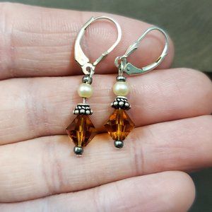 925 Sterling Silver Handmade Orange Crystal And Small Pearl Dangle Earrings